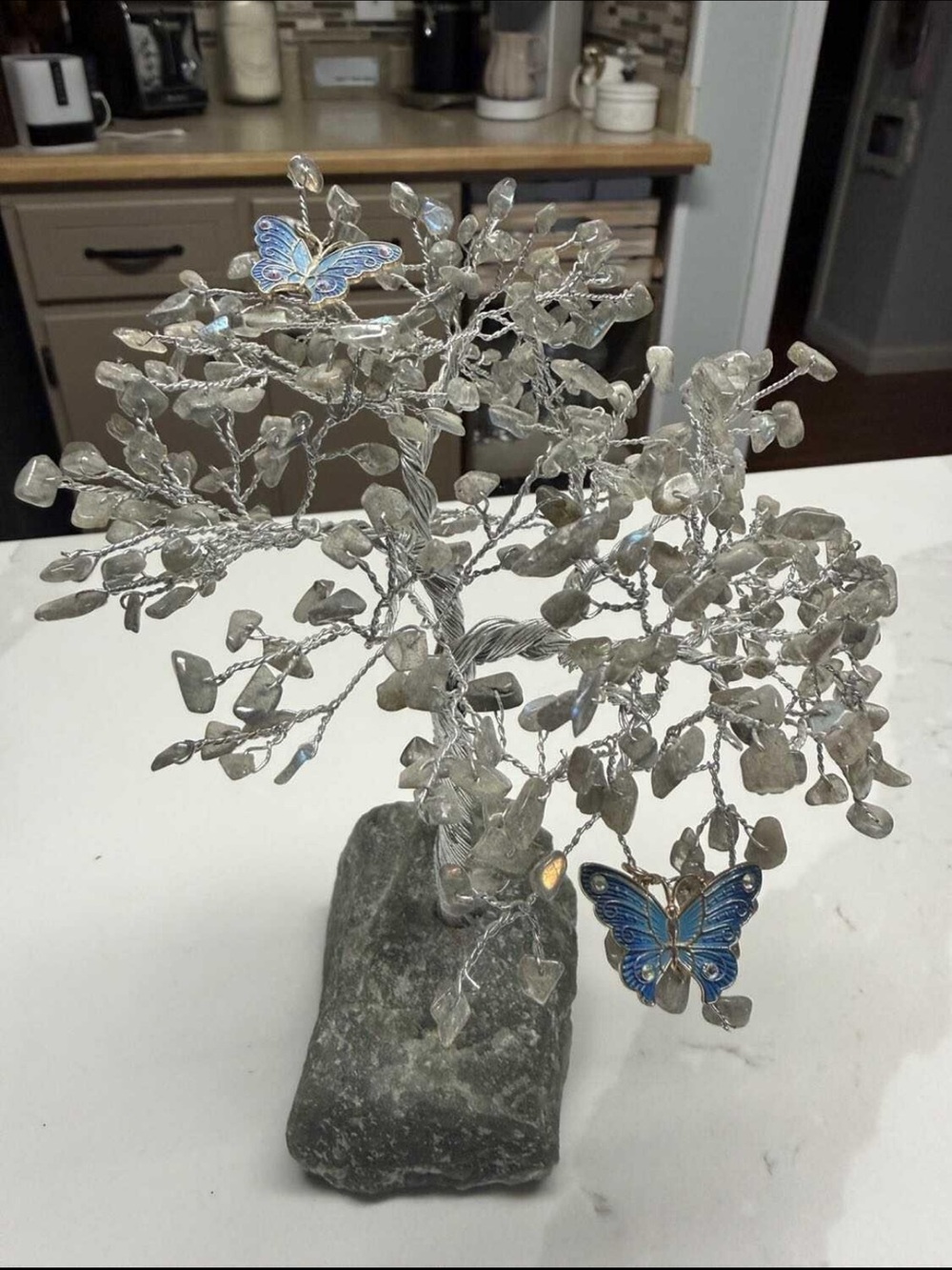 Handcrafted Crystal Gemstone Tree with Blue Butterfly Accent